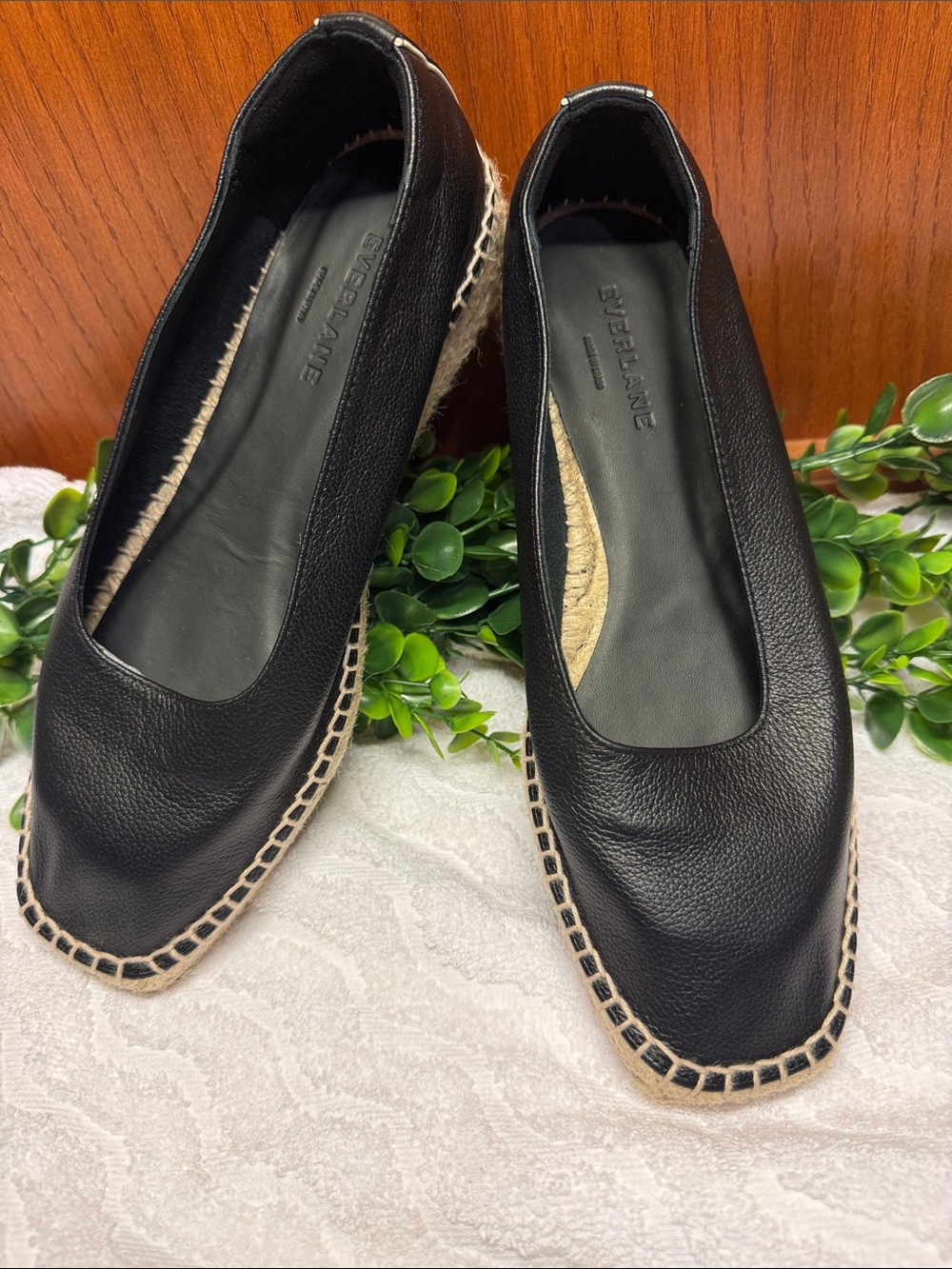 NWOB! Everlane Black Leather Espadrille Flats with Jute Trim